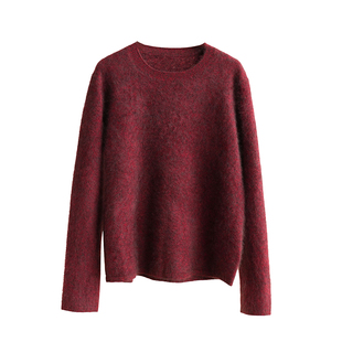 枫红色 女士拉绒圆领毛衣 全羊绒针织套头衫 高品女装