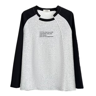 大码春季新款韩版撞色插肩袖字母印花圆领T恤女胖mm休闲百搭上衣