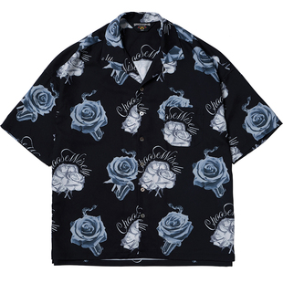 【清仓特价】SUPERTOFU原创主题玫瑰图案宽松ALOHA夏威夷短袖衬衫