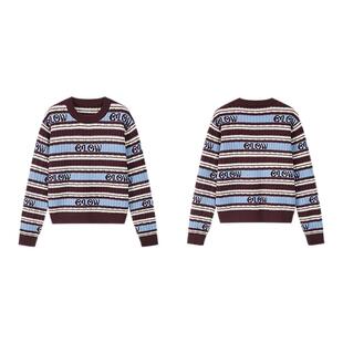 笛莎官旗青少年女孩2025秋冬新款条纹提花字母圆领套头宽松毛衣