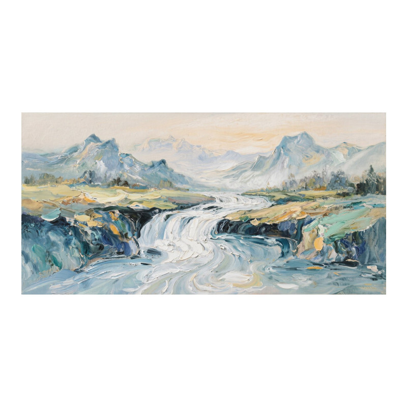 可班手绘油画雪山溪流横肌理挂画