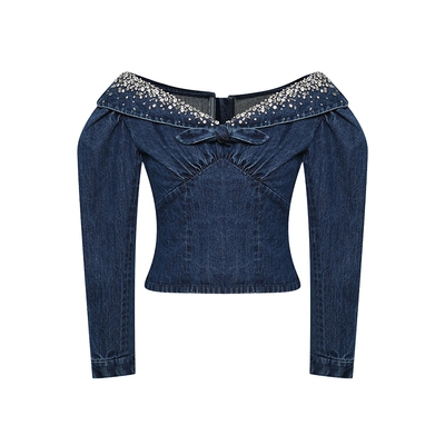 Maison Wester2025秋季新品复古风牛仔蓝钻修身型V领中袖重工上衣