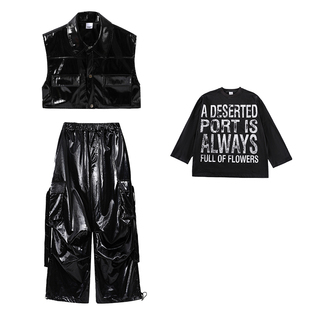 街舞男女童嘻哈亮面皮衣马甲皮裤演出服少儿hiphop酷帅套装架子鼓