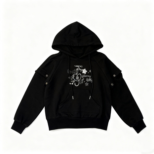 小猫藏星starrykitty音符黑色连帽卫衣抽绳拼接袖「显瘦超正版型