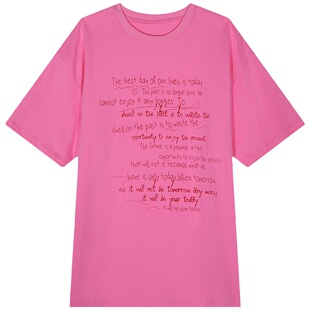 今屿花花 粉色印花短袖t恤女2025新款宽松上衣半袖夏季小众设计感