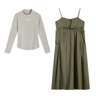 紫涵户外街头风立领条纹针织衫吊带连衣裙两件通勤套装女秋季新款