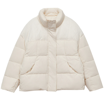 DM100大码百分百女装微胖mm冬季钩花针织拼接宽松立领短款羽绒服