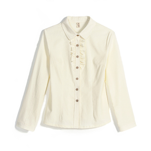 2024春秋新款文艺百搭白色纯棉灯芯绒衬衫女修身显瘦花边长袖衬衣