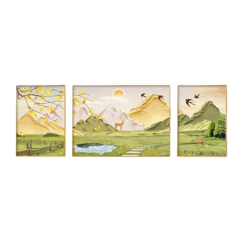 奶油风客厅风景有框三联装饰画
