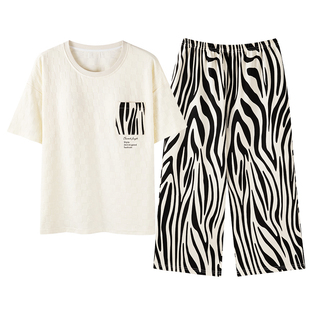 芬腾可安夏季情侣睡衣女纯棉短袖七分裤休闲舒适男薄款家居服套装