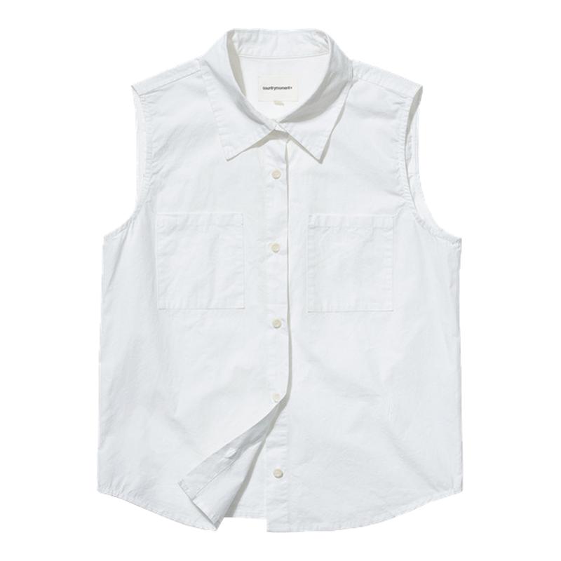 CountryMoment 微皱感加密水洗棉衬衫内搭无袖肌理感翻领叠穿衬衣
