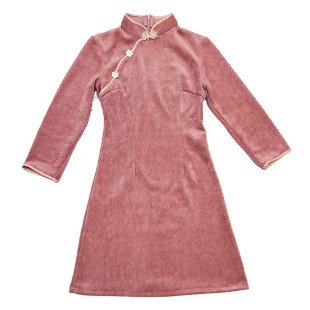 粉色旗袍不开叉的改良版2024年秋冬新款长袖小个子短款日常可穿女