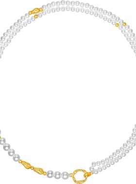 周六福珍珠项链女贝珠双层链几何链坠S925银黄金色节日礼物