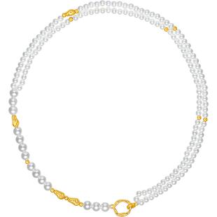 周六福珍珠项链女贝珠双层链几何链坠S925银黄金色情人节礼物