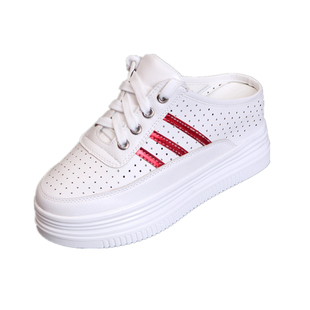 春夏8cm半拖女鞋韩版百搭镂空透气无后跟一脚蹬厚底内增高小白鞋