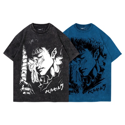TEE7-日系动漫剑风传奇鹰之团格斯水洗做旧原宿风纯棉短袖T恤
