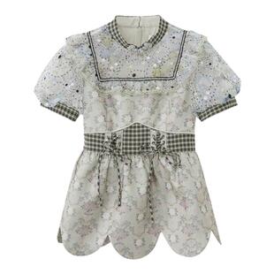 我爱露露LULUALWAYS夏季新款优雅盘扣装饰系绳网纱短袖上衣