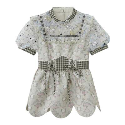 我爱露露LULUALWAYS夏季新款优雅盘扣装饰系绳网纱短袖上衣