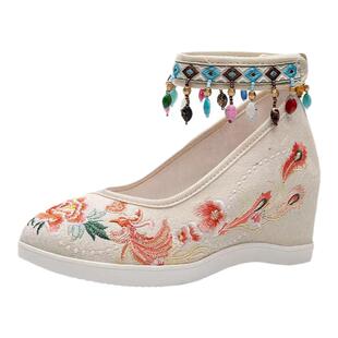 春秋老北京布鞋绣花鞋民族风圆头流苏搭配旗袍古风浅口广场舞蹈鞋