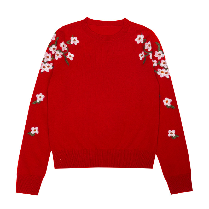 鹿王纯羊绒衫女过年圆领变化组织红色毛衣针织衫休闲百搭春季新品