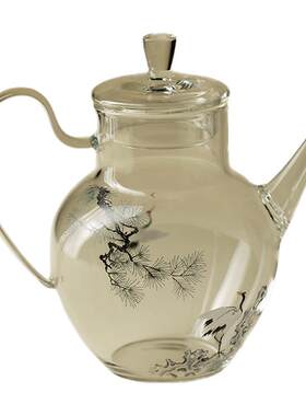里作高端墨彩松鹤玻璃泡茶壶耐高温花茶壶家用带过滤功夫茶具茶器