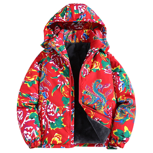 秋冬季国潮风东北大花棉袄子牡丹花情侣加绒棉衣加厚棉服男女外套