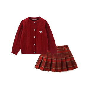 女童套装秋冬装2026新款儿童红色女孩衣服新年马毛衣本命年jk裙子