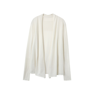 韩雨嘉米色长袖针织开衫女夏透气宽松慵懒中长款外套天丝防晒上衣