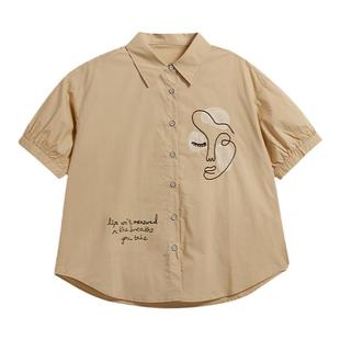 UnBleu纯棉衬衫夏季新款女白短袖气质夏天女装绣花设计感上衣夏季