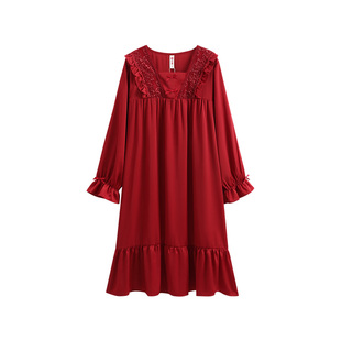 芬腾睡裙女春秋款抗菌冰丝长袖睡衣红色结婚本命年宽松中裙家居服