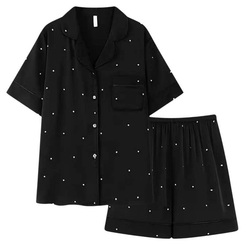 简约风黑色波点星星睡衣女短袖纯棉翻领家居服套装薄款高级感夏季