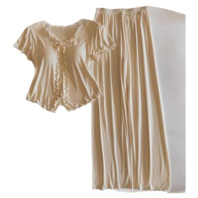 莫代尔睡衣女夏短袖带胸垫家居服