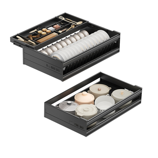 碗碟拉篮厨房橱柜304不锈钢双层抽屉式碗碟架内置三层调味料拉篮