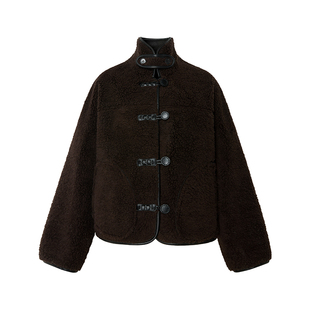 【影子来信】Uena明星同款棕色落肩袖立领宽松皮袢羊羔毛呢外套女