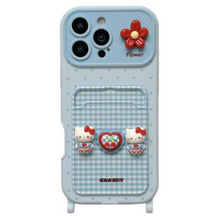 jze 立体HelloKitty蓝色格纹卡包适用苹果17ProMax手机壳iphone15新款16pro少女13腕带链条15pro防摔保护套14