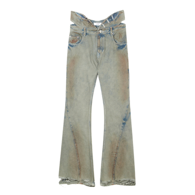 LCDC设计师品牌LOOKNOW2025年春季新款沙灰色镂空腰部水洗牛仔裤