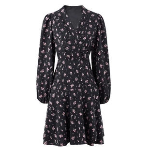 秋水伊人法式黑色碎花连衣裙女2025初秋新款小个子优雅复古中长裙