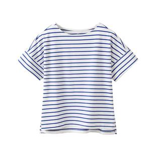 一字肩条纹短袖t恤女夏宽松纯棉拼接袖下摆开叉航海显瘦船领上衣