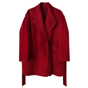 秋冬双面羊毛大衣红色外套短款2026新款宽松毛呢大衣小个子大码