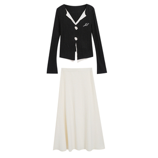 大码女装胖mm超好看小香风千金春装半身裙套装韩系针织上衣两件套