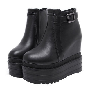 14CM超高跟厚底坡跟短靴女秋冬防水台裸靴黑色内增高马丁靴松糕鞋