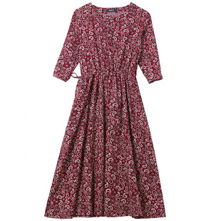 2024春秋复古文艺全棉灯芯绒碎花宽松连衣裙七分袖圆领抽带长裙女