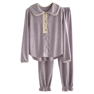 娃娃领花边睡衣女士秋冬季毛巾绒磨毛保暖长袖家居服套装燕尾式