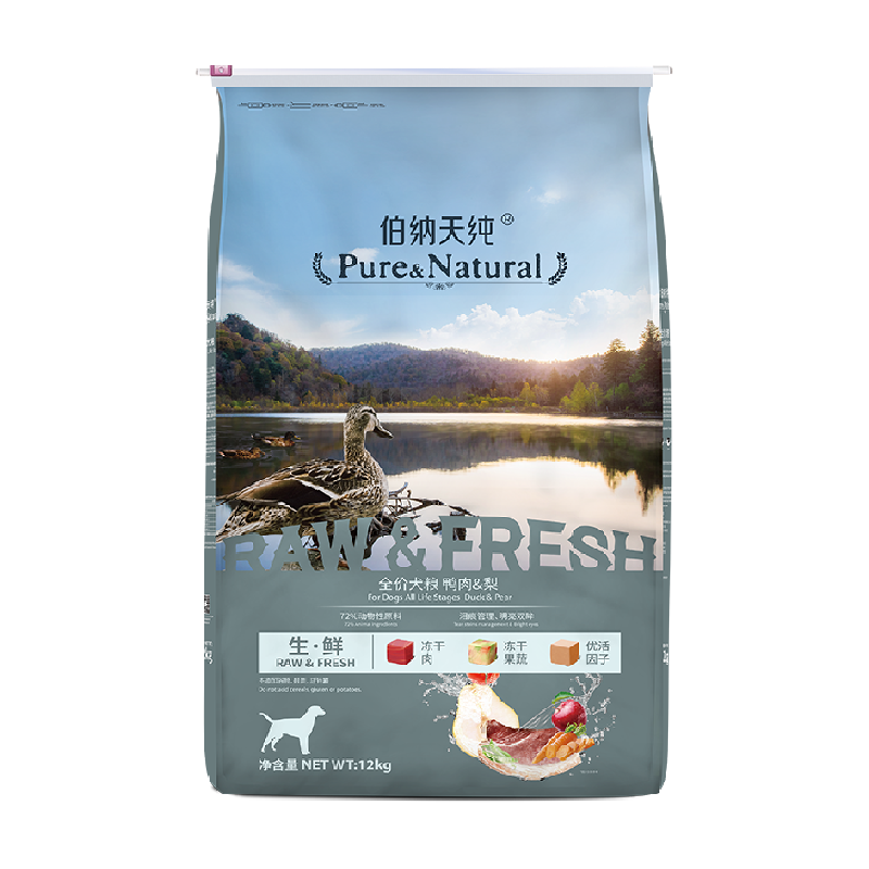 臻选 伯纳天纯狗粮生鲜鸭肉梨幼犬成犬通用冻干12kg泰迪