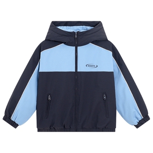 男大童冬季撞色运动防水连帽冲锋衣棉服2025新款儿童夹棉加厚外套