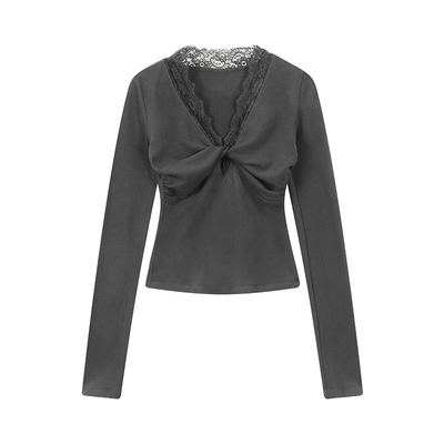 设计感拼接蕾丝纽结T恤