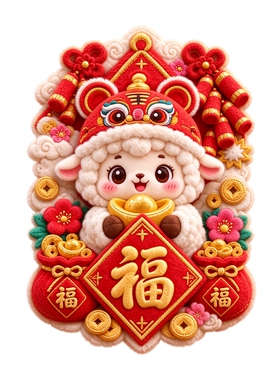 戴虎头帽小羊墙贴抱金元宝福袋梅花铜钱红底新年福字防水装饰贴纸