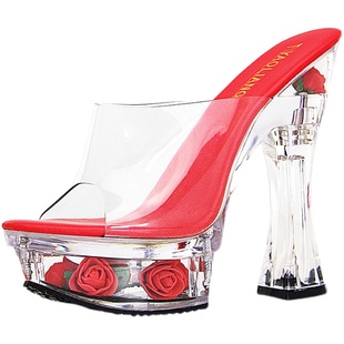 14/17CM超高跟女拖鞋防水台透明水晶鞋恨天高钢管舞模特走秀凉拖