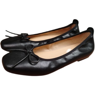 手工真皮软底豆豆鞋芭蕾鞋黑色百搭蝴蝶结方头平底单鞋浅口女鞋