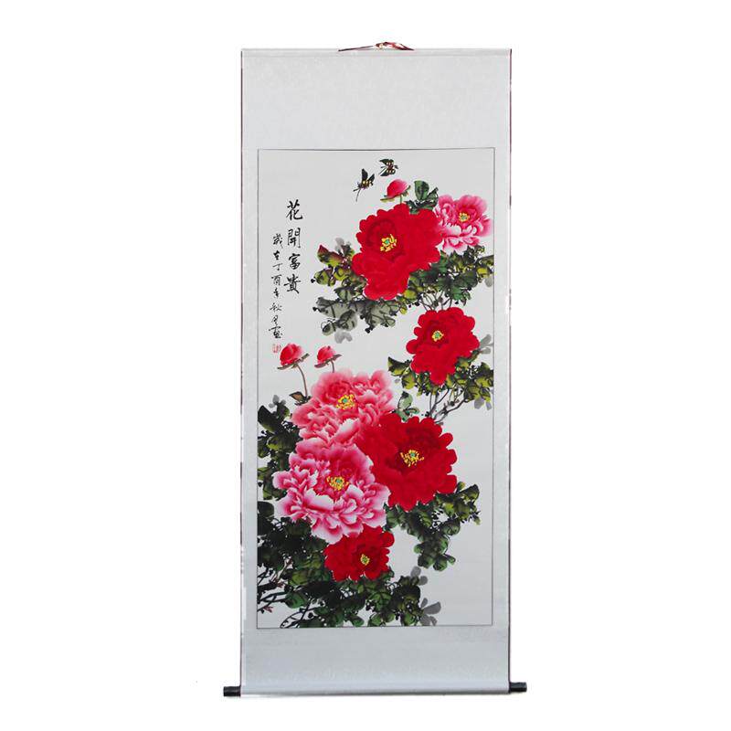 纯手绘国画花开富贵牡丹客厅玄关装饰画中式中堂竖轴挂画卷轴装裱